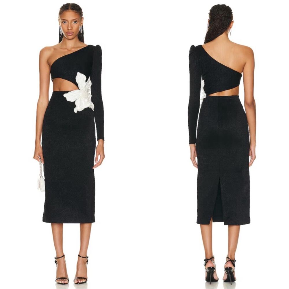 PATBO One Shoulder Long Sleeve Beaded Flower Applique Black Midi Dress Size 6